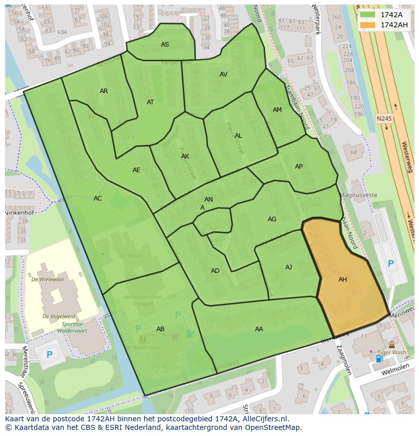 Afbeelding van het postcodegebied 1742 AH op de kaart.