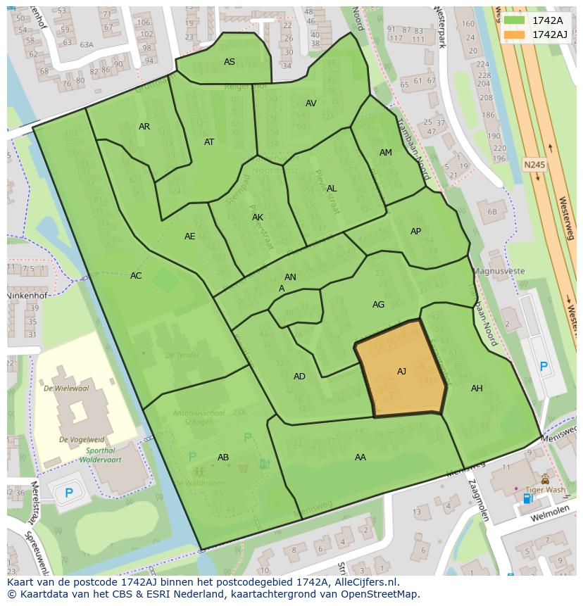 Afbeelding van het postcodegebied 1742 AJ op de kaart.