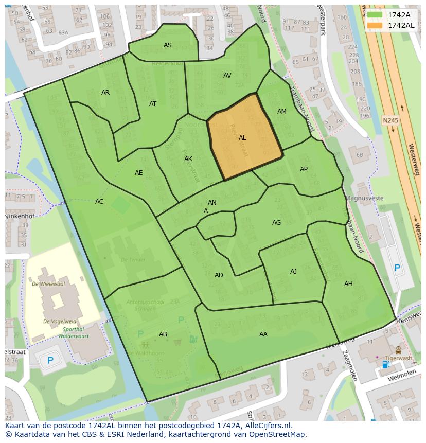 Afbeelding van het postcodegebied 1742 AL op de kaart.