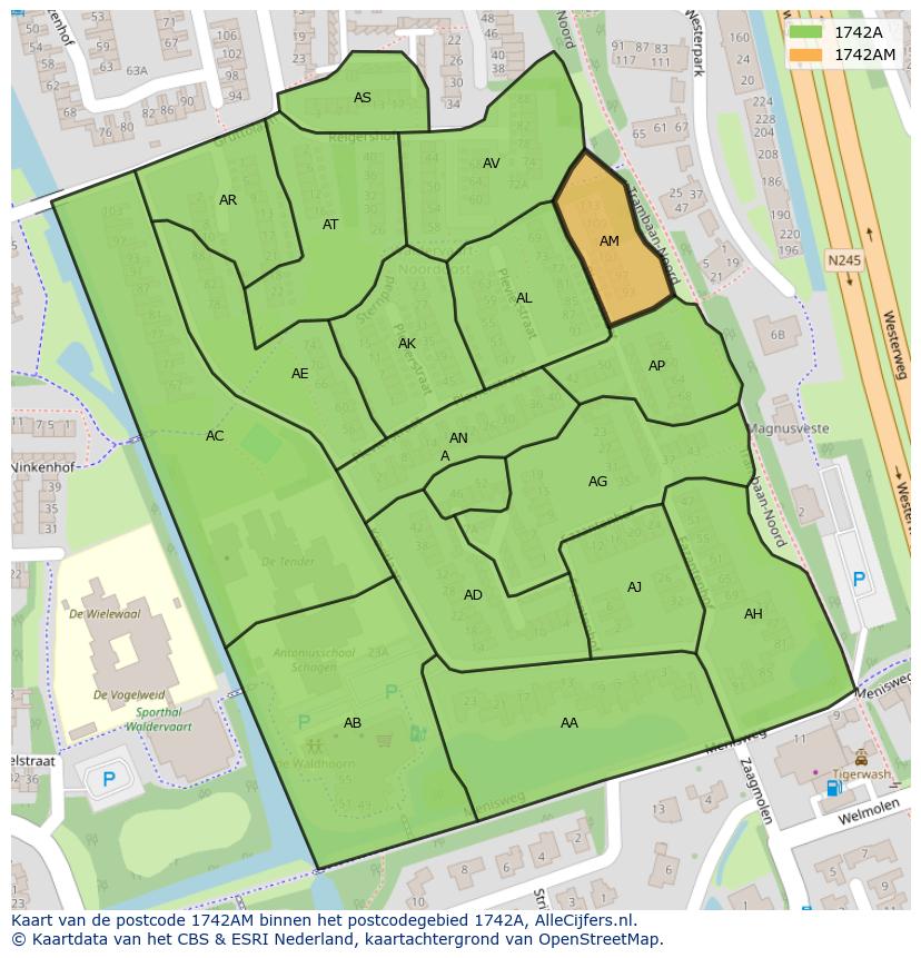 Afbeelding van het postcodegebied 1742 AM op de kaart.