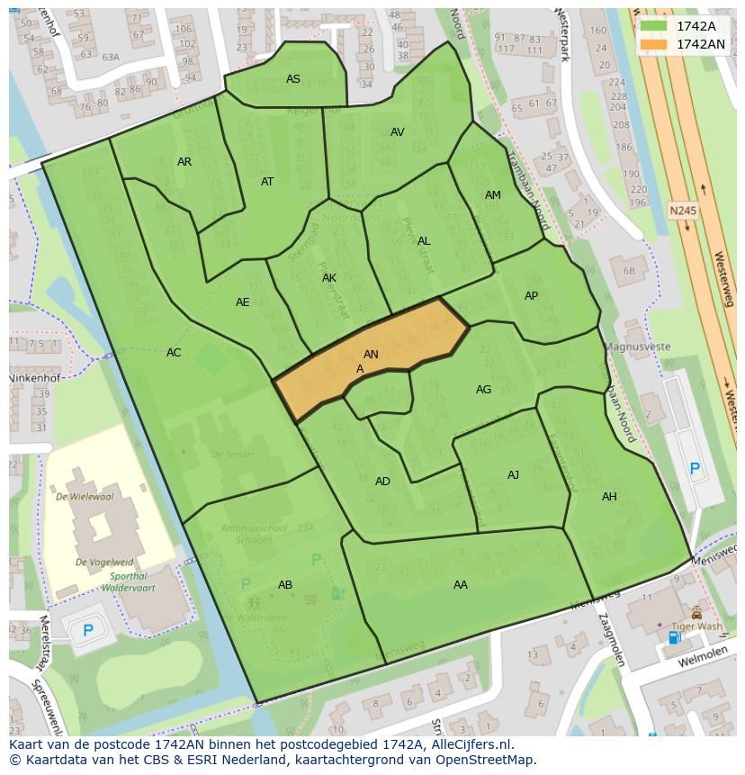 Afbeelding van het postcodegebied 1742 AN op de kaart.
