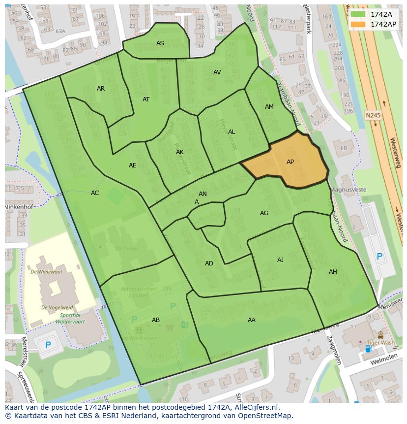 Afbeelding van het postcodegebied 1742 AP op de kaart.