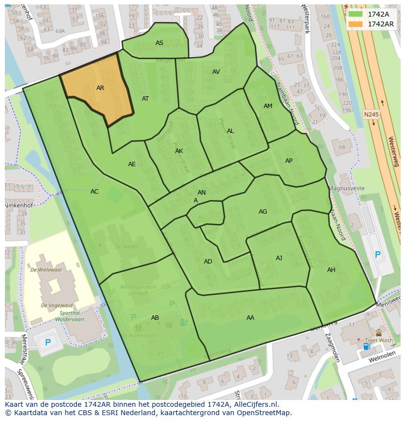 Afbeelding van het postcodegebied 1742 AR op de kaart.