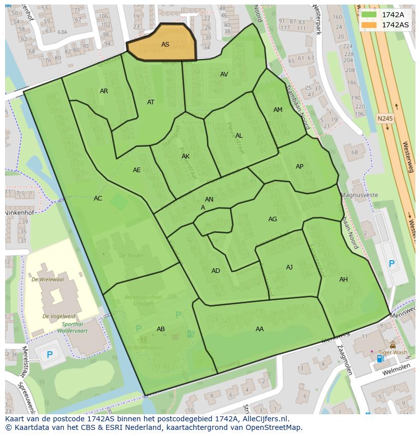 Afbeelding van het postcodegebied 1742 AS op de kaart.