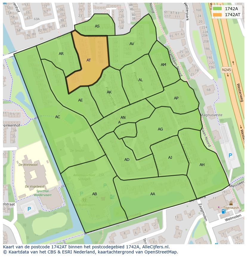 Afbeelding van het postcodegebied 1742 AT op de kaart.