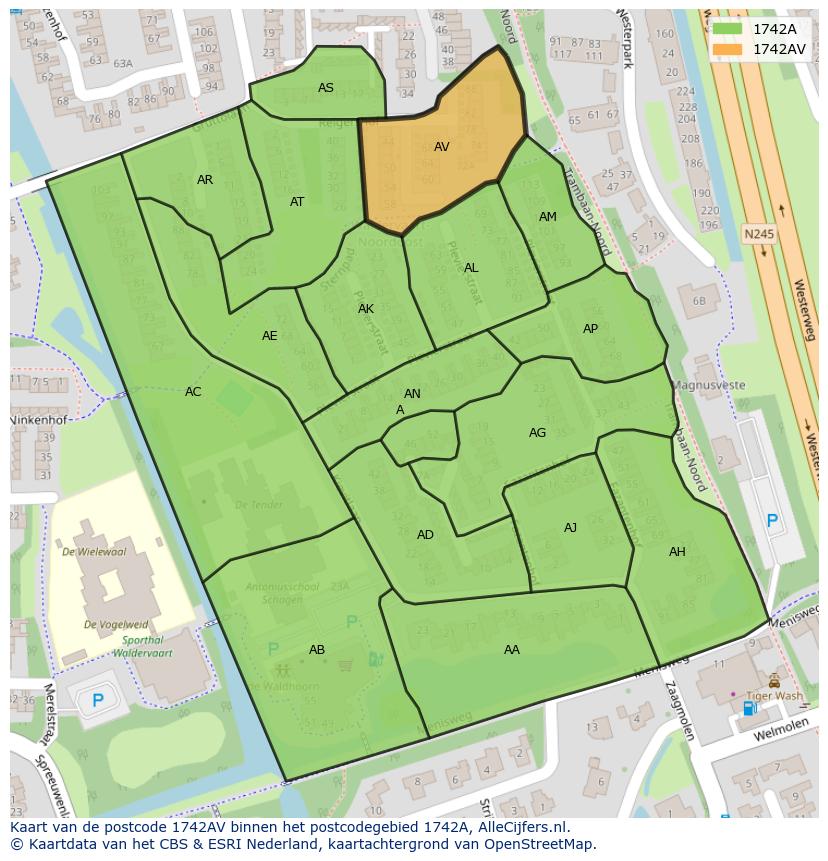 Afbeelding van het postcodegebied 1742 AV op de kaart.