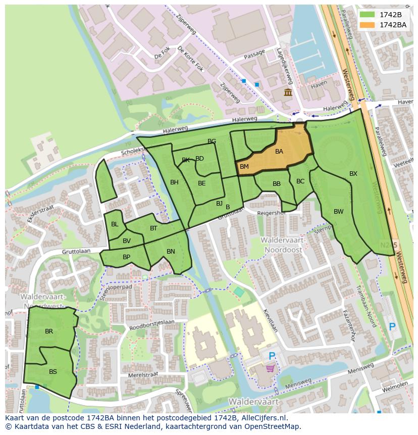 Afbeelding van het postcodegebied 1742 BA op de kaart.