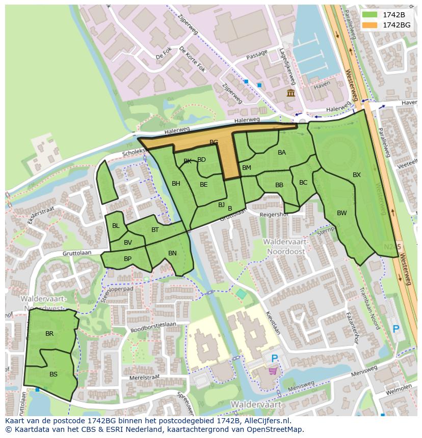 Afbeelding van het postcodegebied 1742 BG op de kaart.
