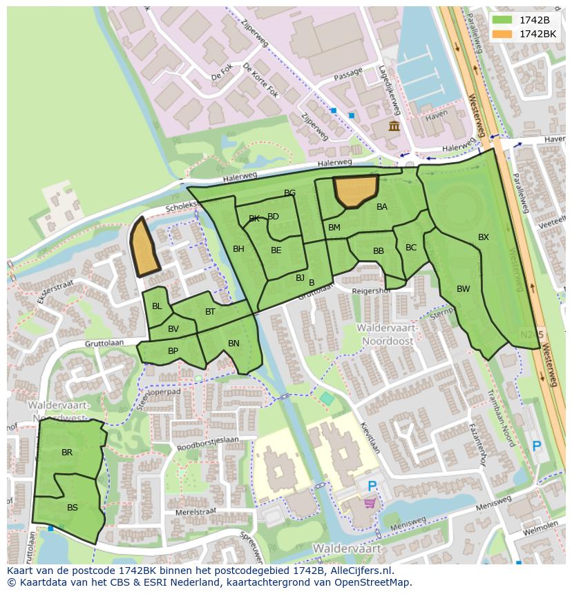 Afbeelding van het postcodegebied 1742 BK op de kaart.