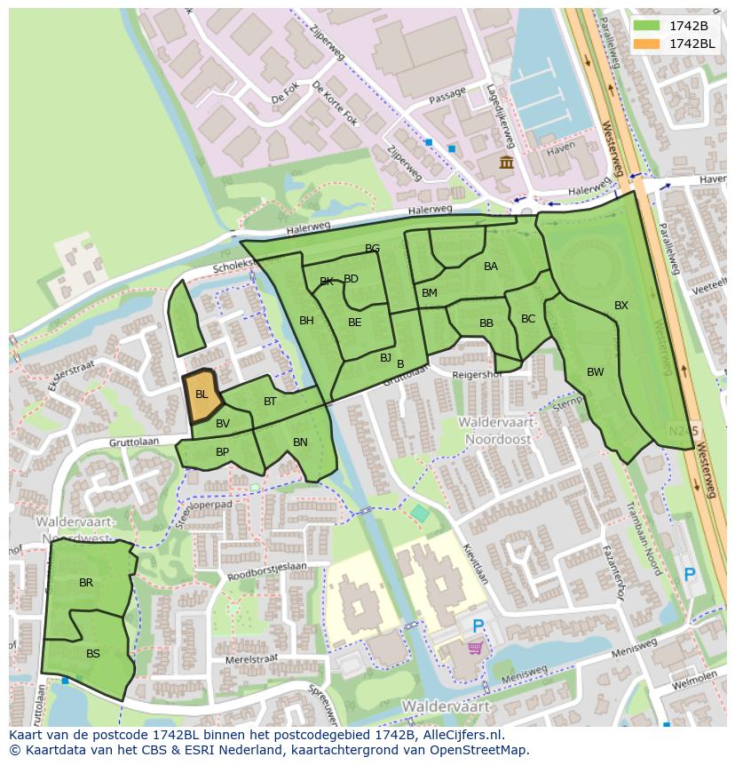Afbeelding van het postcodegebied 1742 BL op de kaart.