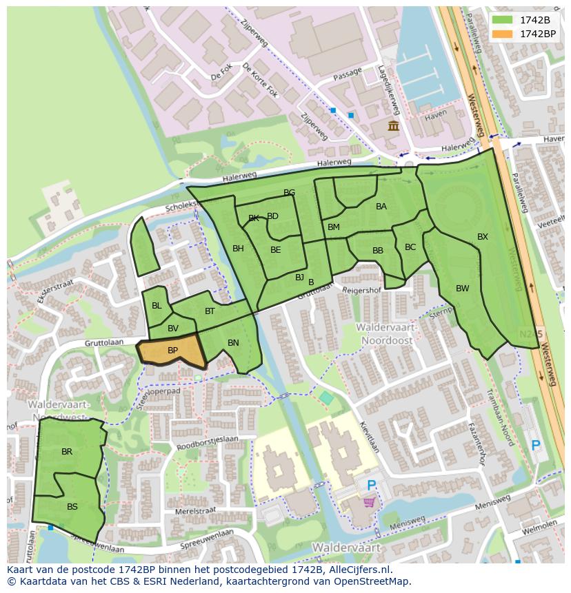Afbeelding van het postcodegebied 1742 BP op de kaart.