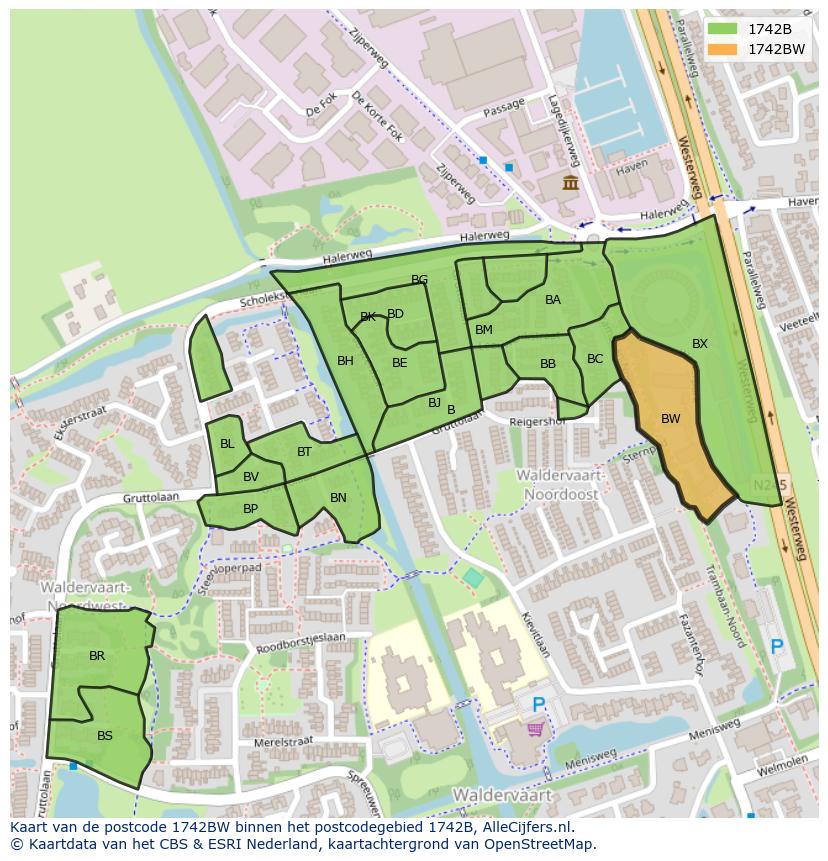 Afbeelding van het postcodegebied 1742 BW op de kaart.