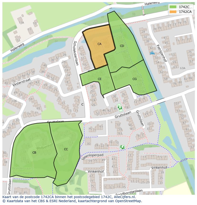 Afbeelding van het postcodegebied 1742 CA op de kaart.