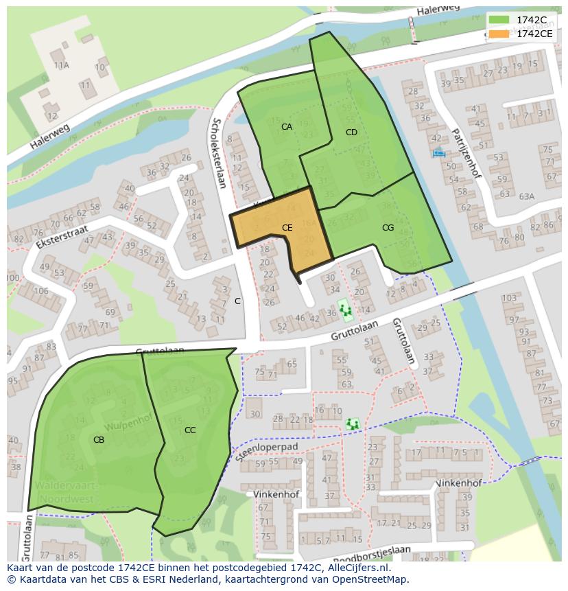 Afbeelding van het postcodegebied 1742 CE op de kaart.
