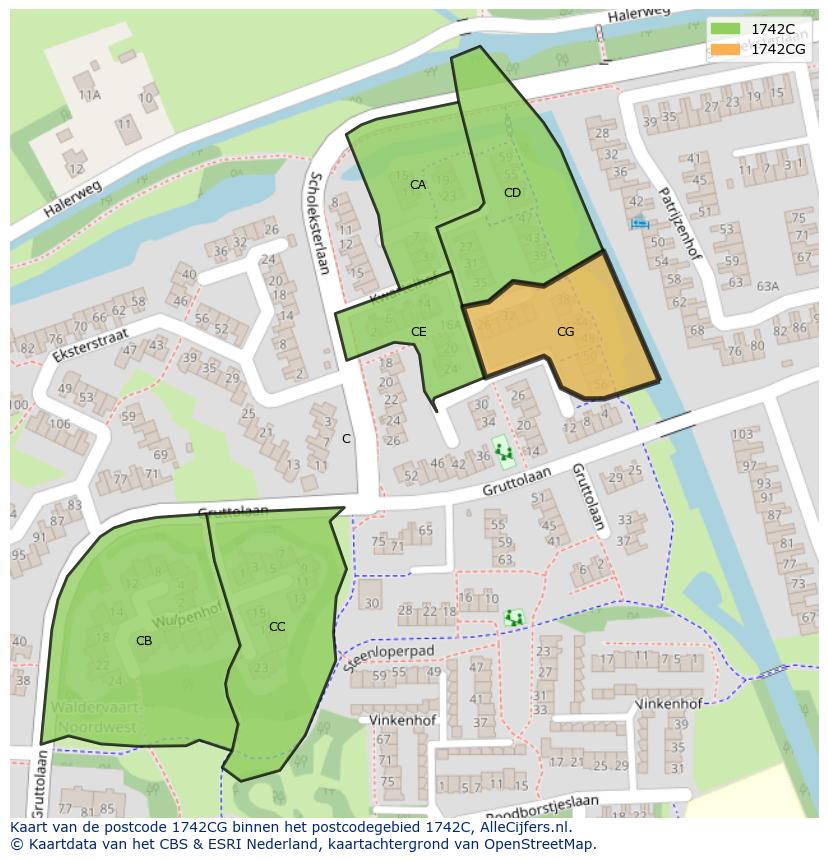 Afbeelding van het postcodegebied 1742 CG op de kaart.