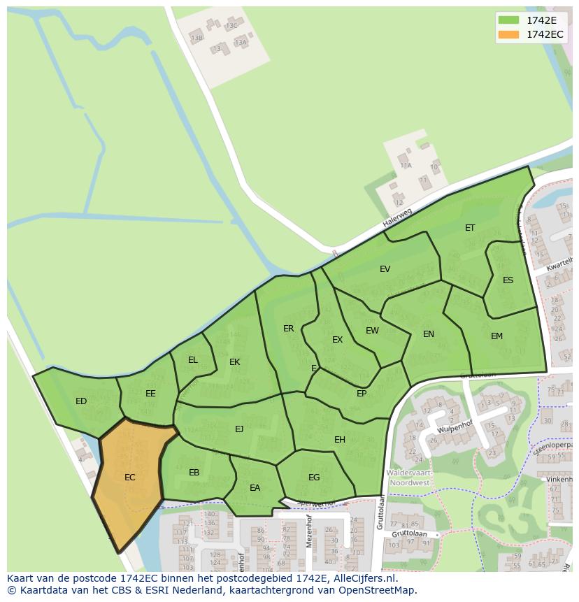 Afbeelding van het postcodegebied 1742 EC op de kaart.