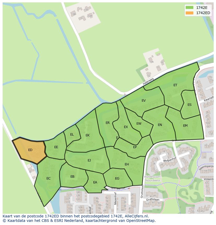 Afbeelding van het postcodegebied 1742 ED op de kaart.