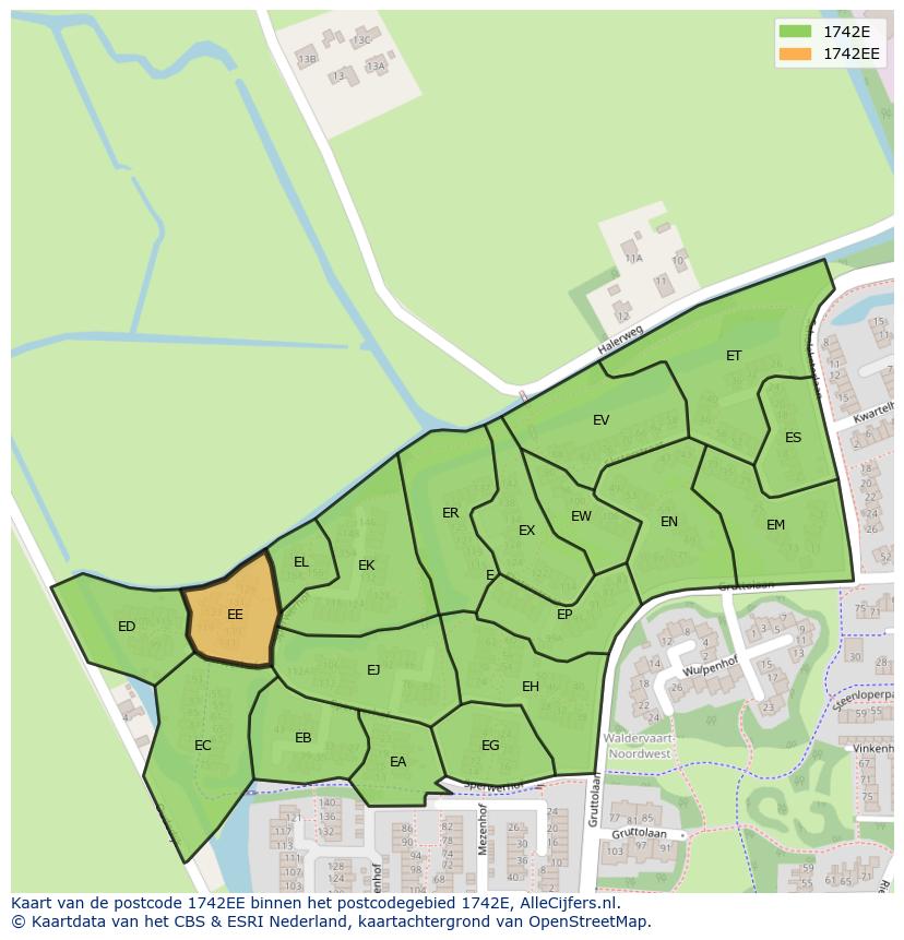 Afbeelding van het postcodegebied 1742 EE op de kaart.