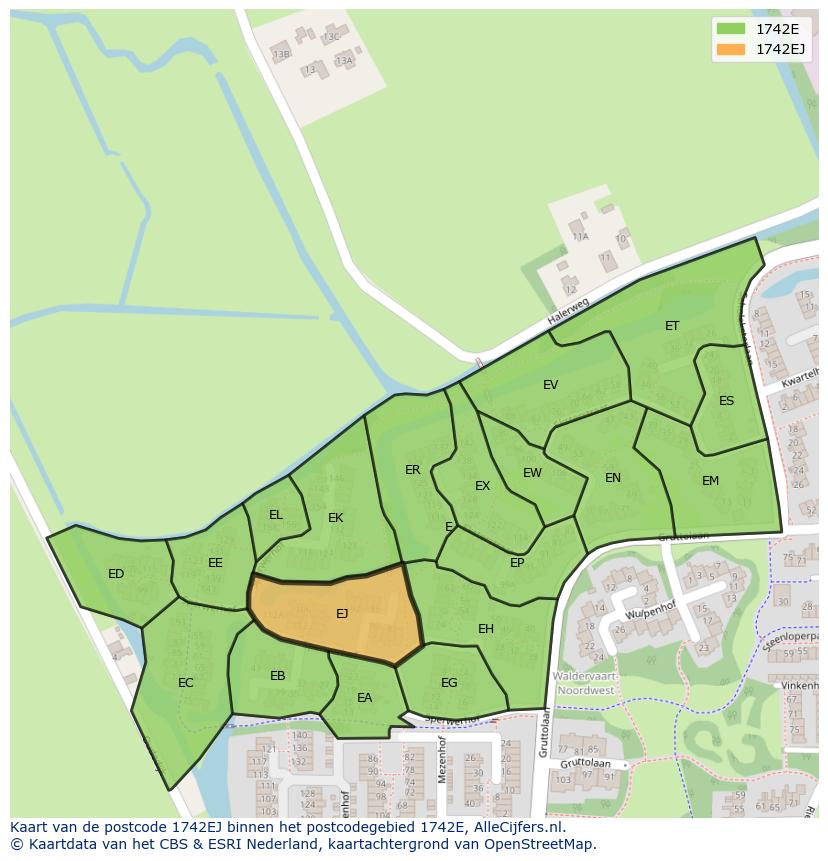 Afbeelding van het postcodegebied 1742 EJ op de kaart.