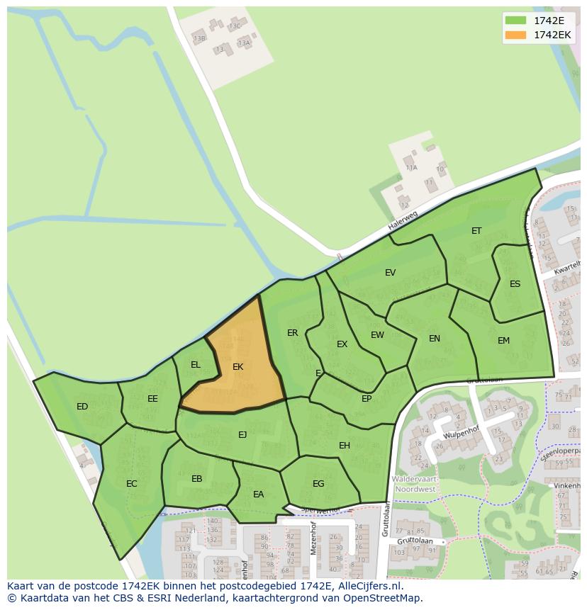 Afbeelding van het postcodegebied 1742 EK op de kaart.