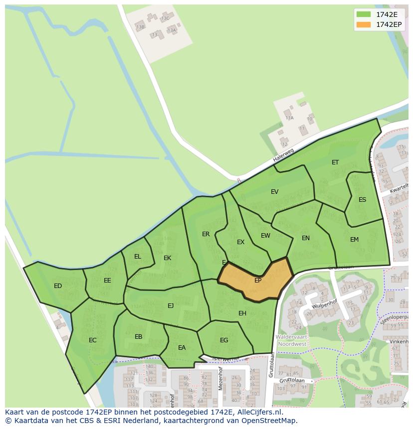 Afbeelding van het postcodegebied 1742 EP op de kaart.
