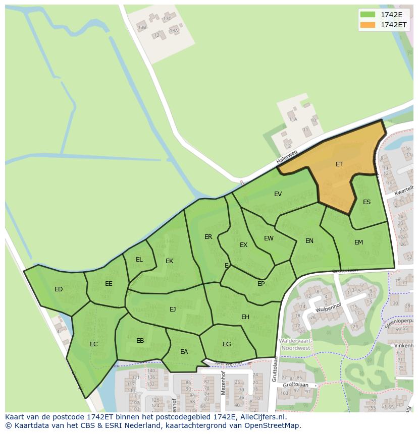 Afbeelding van het postcodegebied 1742 ET op de kaart.