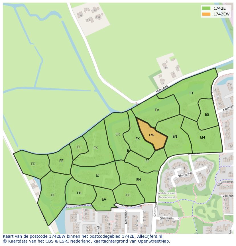 Afbeelding van het postcodegebied 1742 EW op de kaart.