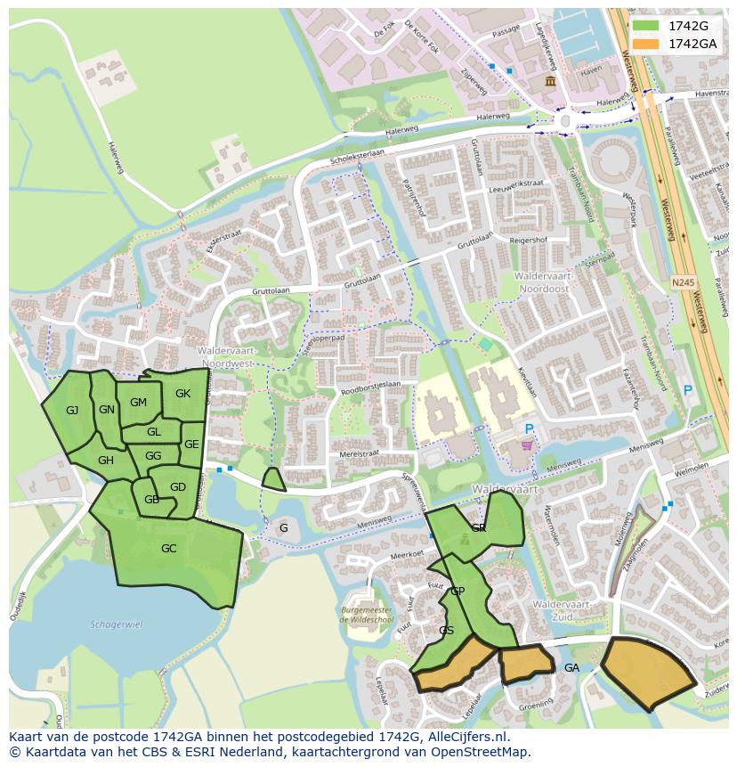 Afbeelding van het postcodegebied 1742 GA op de kaart.
