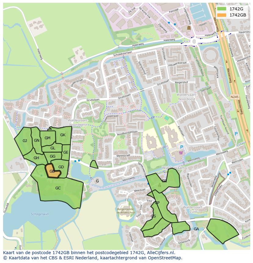 Afbeelding van het postcodegebied 1742 GB op de kaart.