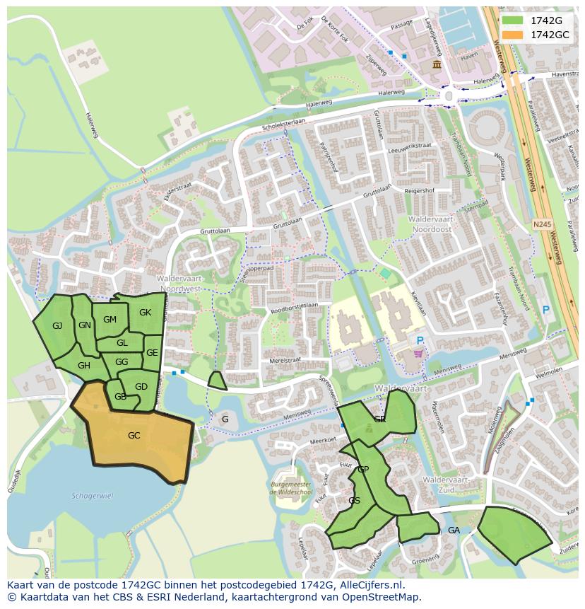 Afbeelding van het postcodegebied 1742 GC op de kaart.