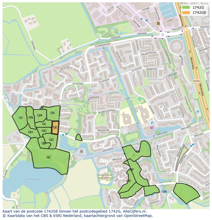 Afbeelding van het postcodegebied 1742 GE op de kaart.