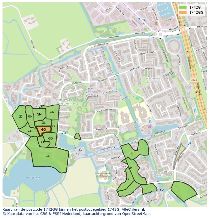 Afbeelding van het postcodegebied 1742 GG op de kaart.