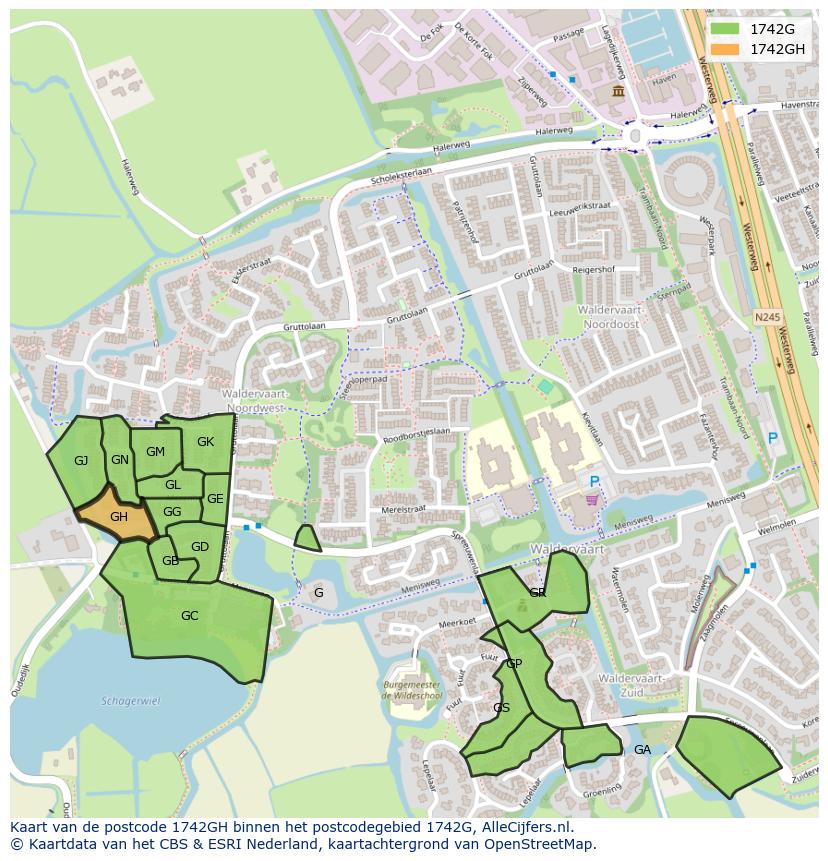 Afbeelding van het postcodegebied 1742 GH op de kaart.