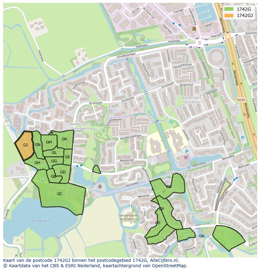Afbeelding van het postcodegebied 1742 GJ op de kaart.