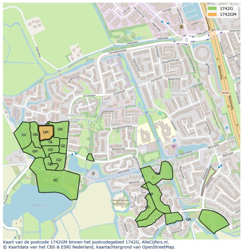Afbeelding van het postcodegebied 1742 GM op de kaart.