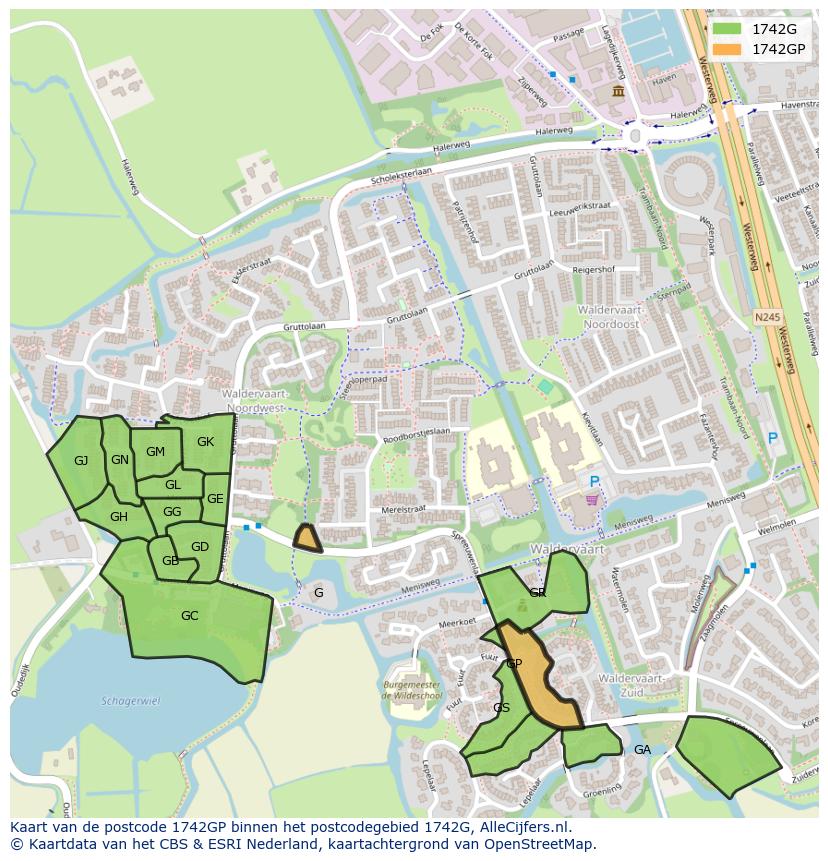 Afbeelding van het postcodegebied 1742 GP op de kaart.
