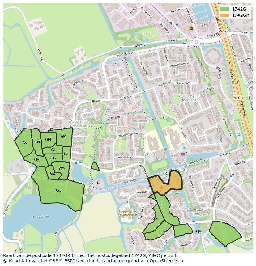 Afbeelding van het postcodegebied 1742 GR op de kaart.