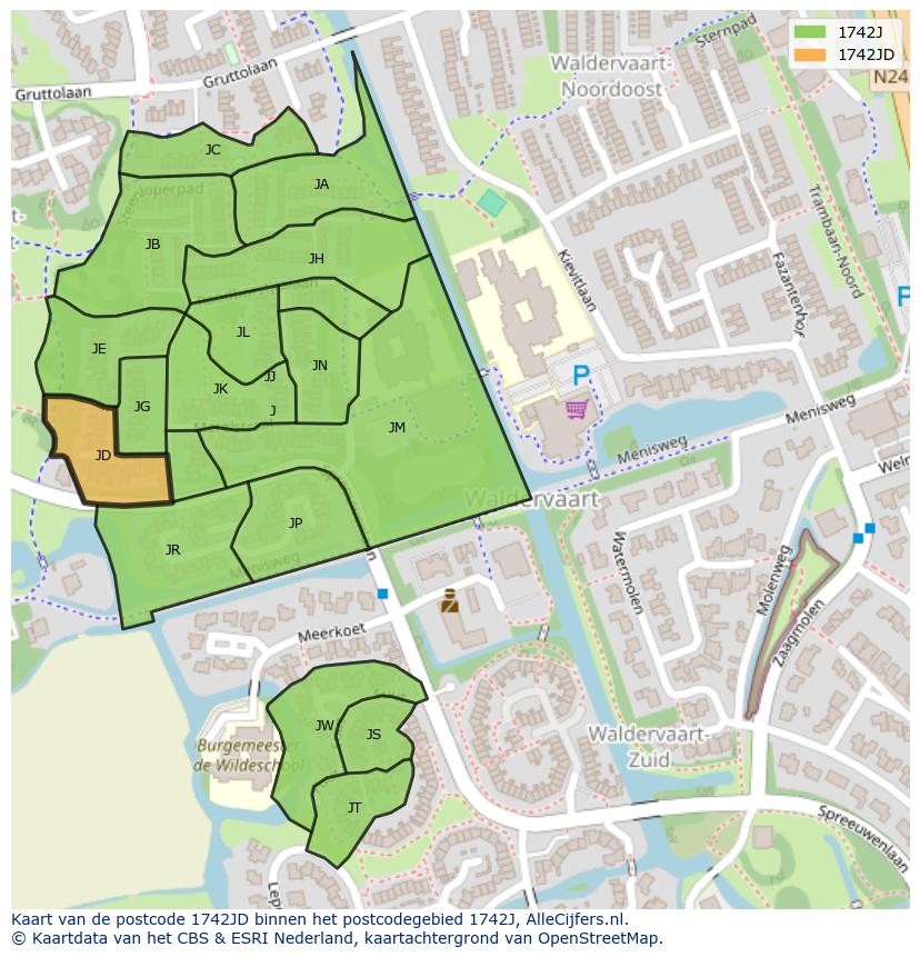 Afbeelding van het postcodegebied 1742 JD op de kaart.