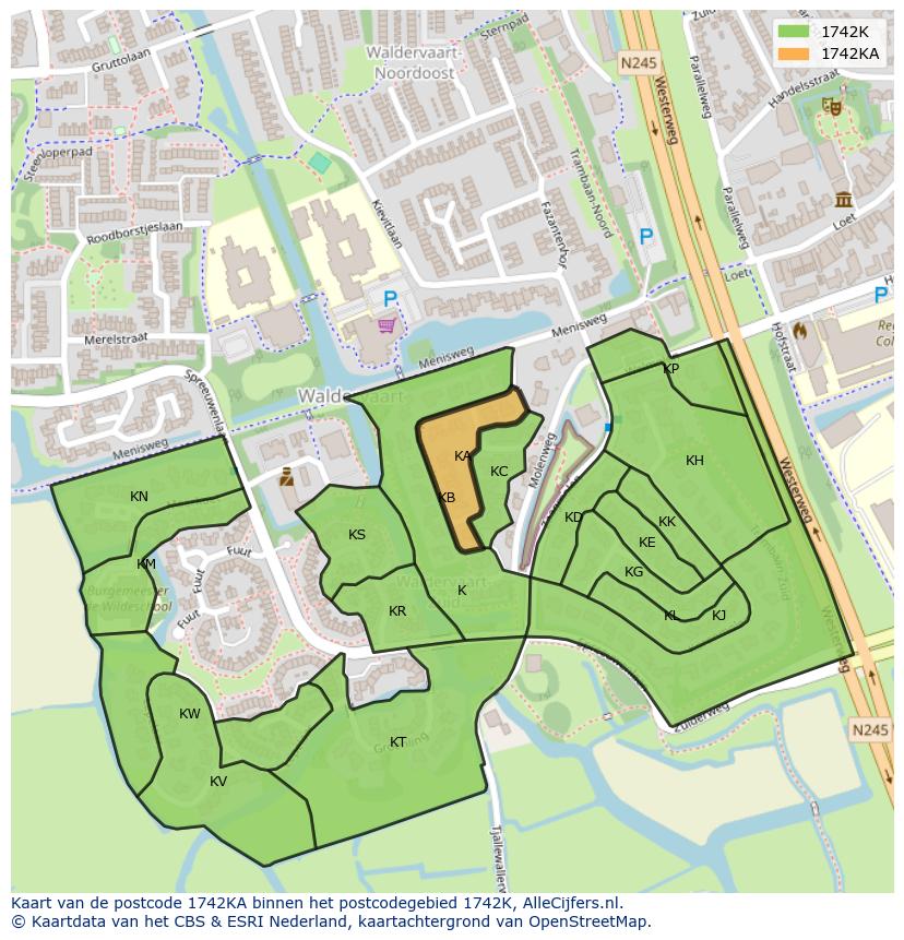 Afbeelding van het postcodegebied 1742 KA op de kaart.