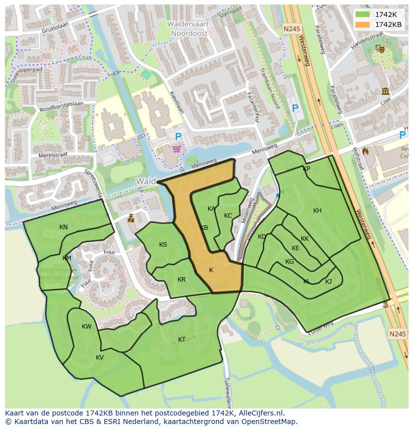 Afbeelding van het postcodegebied 1742 KB op de kaart.