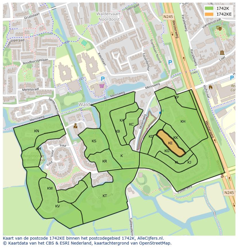 Afbeelding van het postcodegebied 1742 KE op de kaart.