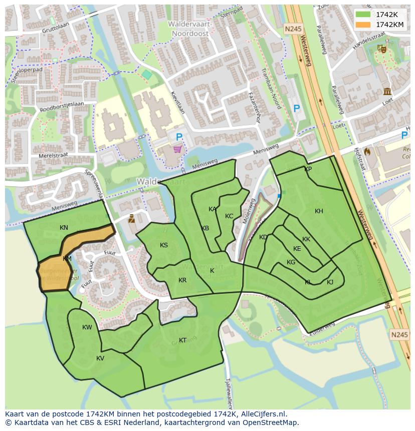 Afbeelding van het postcodegebied 1742 KM op de kaart.
