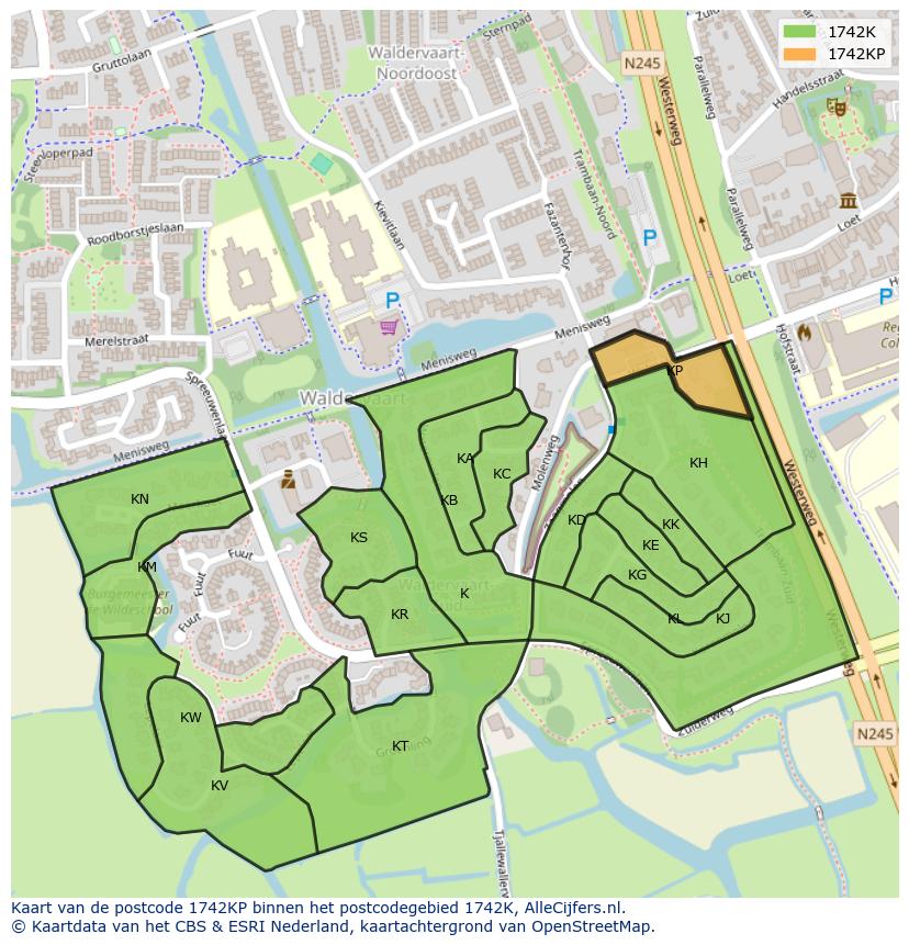 Afbeelding van het postcodegebied 1742 KP op de kaart.