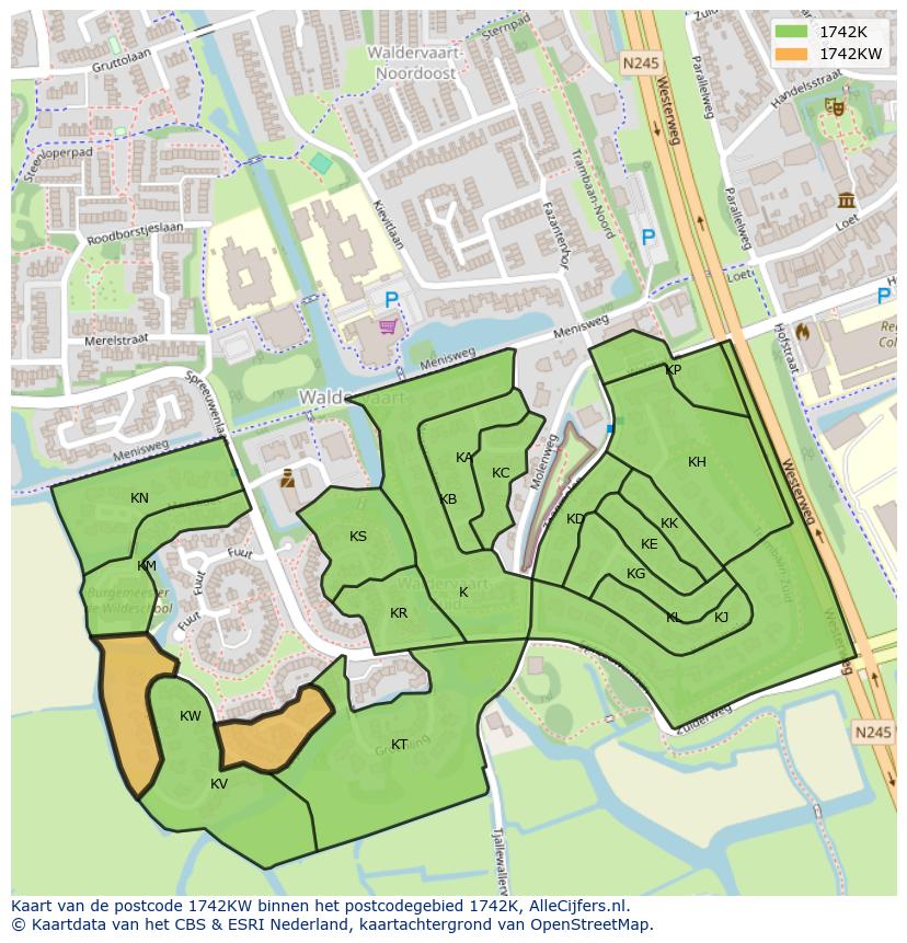 Afbeelding van het postcodegebied 1742 KW op de kaart.