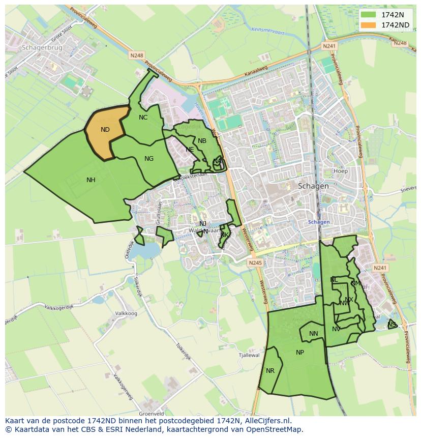 Afbeelding van het postcodegebied 1742 ND op de kaart.
