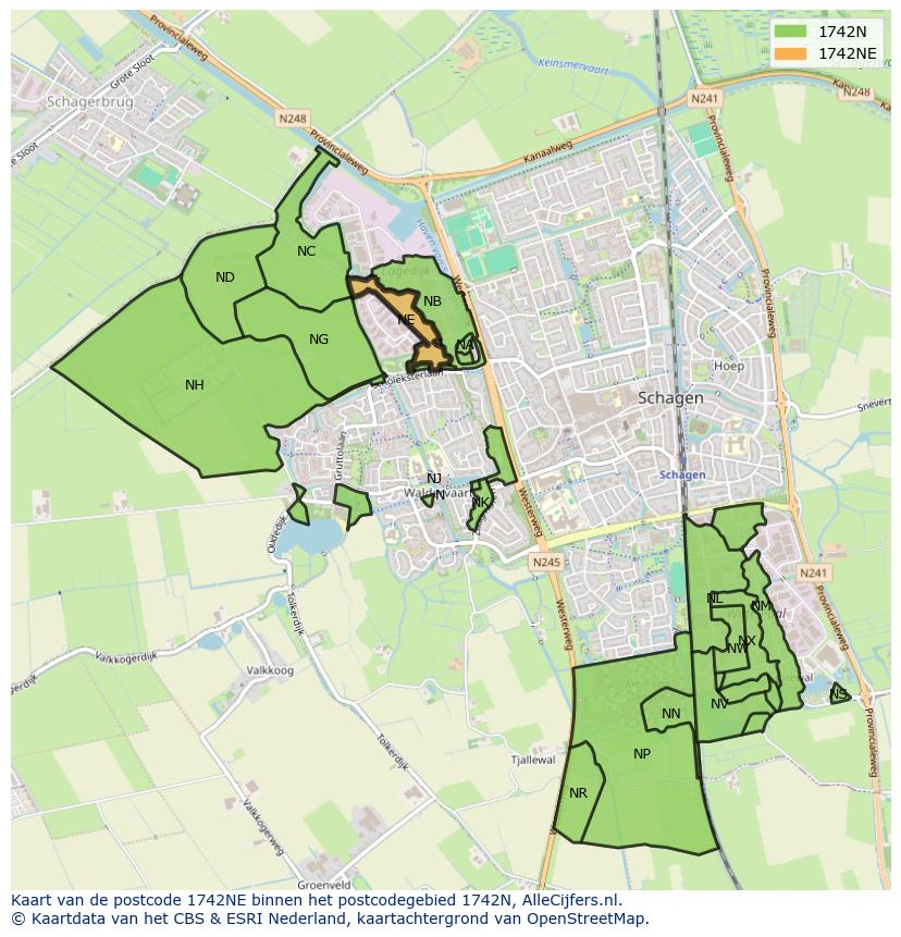 Afbeelding van het postcodegebied 1742 NE op de kaart.