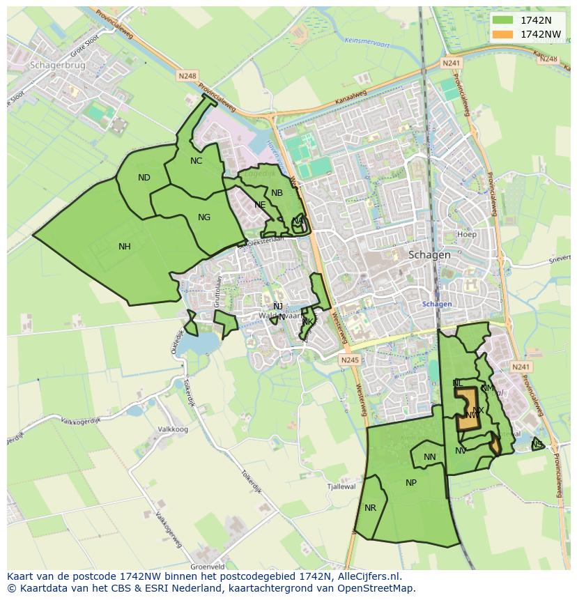 Afbeelding van het postcodegebied 1742 NW op de kaart.