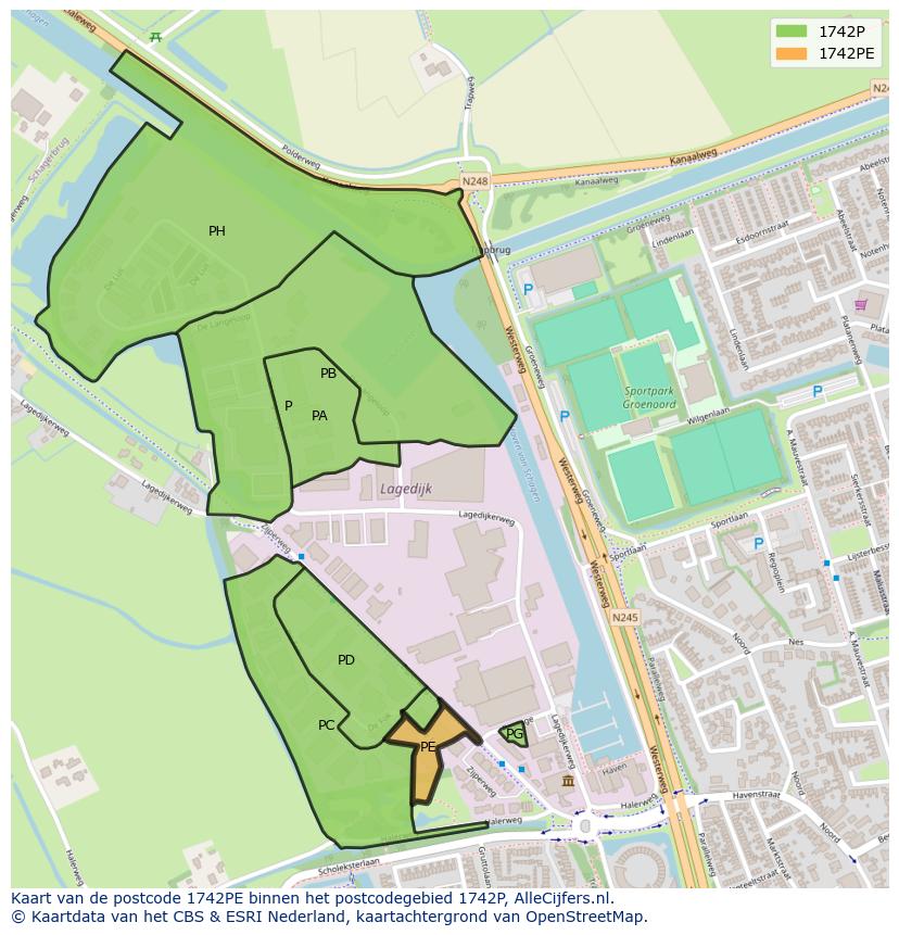 Afbeelding van het postcodegebied 1742 PE op de kaart.