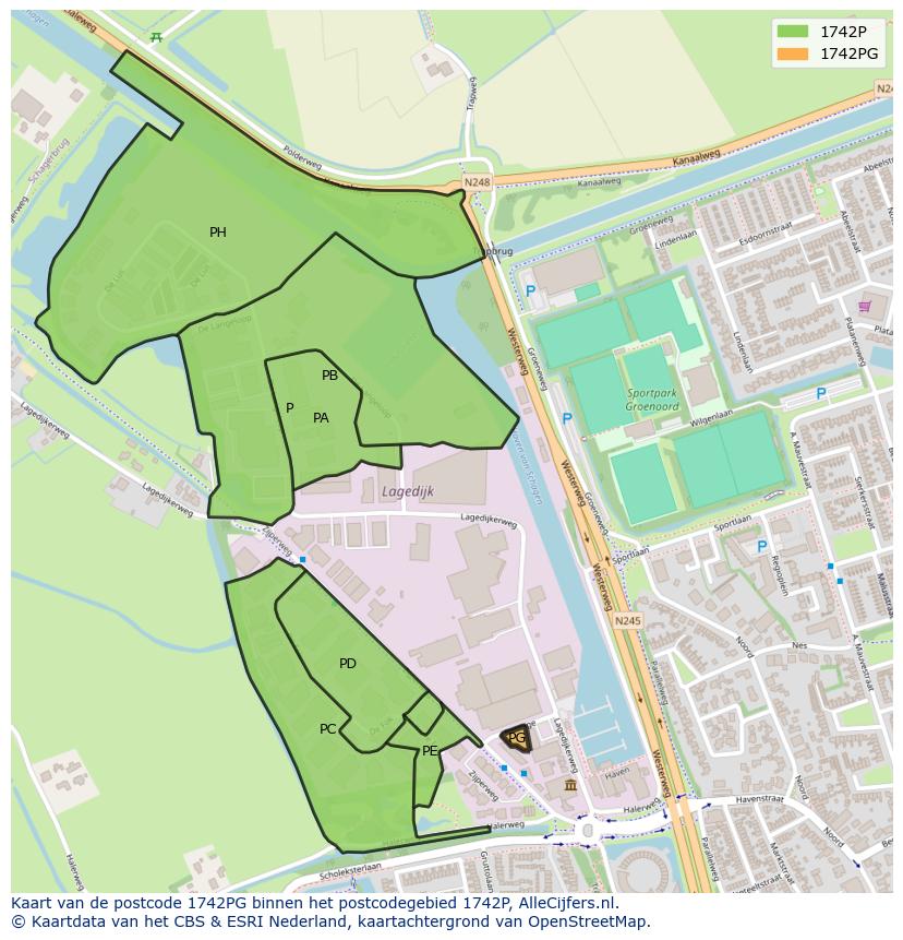 Afbeelding van het postcodegebied 1742 PG op de kaart.