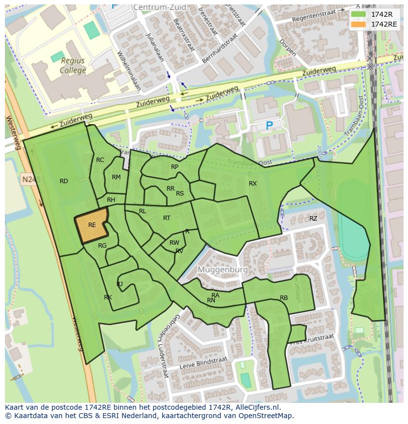 Afbeelding van het postcodegebied 1742 RE op de kaart.